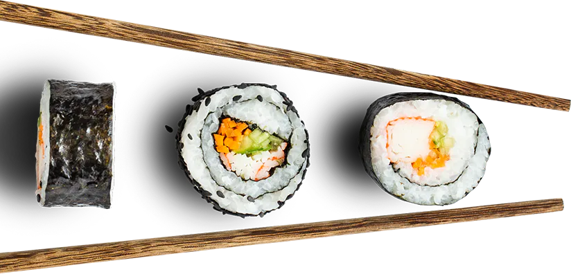 Three sushi rolls paired with wooden chopsticks, showing the classic style of Japanese sushi rolls, with ingredients like vegetables and crab meat inside